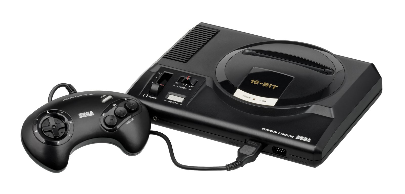 PAL Sega Mega Drive Model 1, black wedge console with three-button controller, studio still
