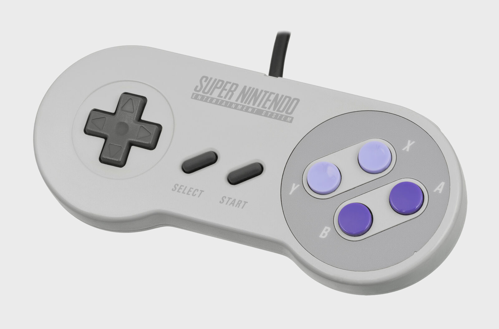 North American Super NES controller, grey dogbone, dark purple convex A and B, lavender concave X and Y, dark grey D-pad and shoulders